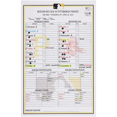 Pittsburgh Pirates Game-Used Lineup Card vs. Boston Red Sox on April 20, 2024