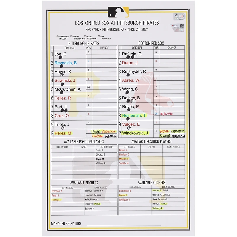 Pittsburgh Pirates Game-Used Lineup Card vs. Boston Red Sox on April 21, 2024