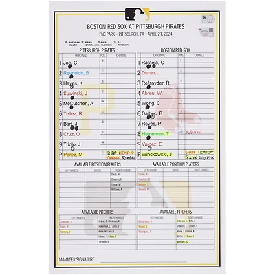 Pittsburgh Pirates Game-Used Lineup Card vs. Boston Red Sox on April 21, 2024