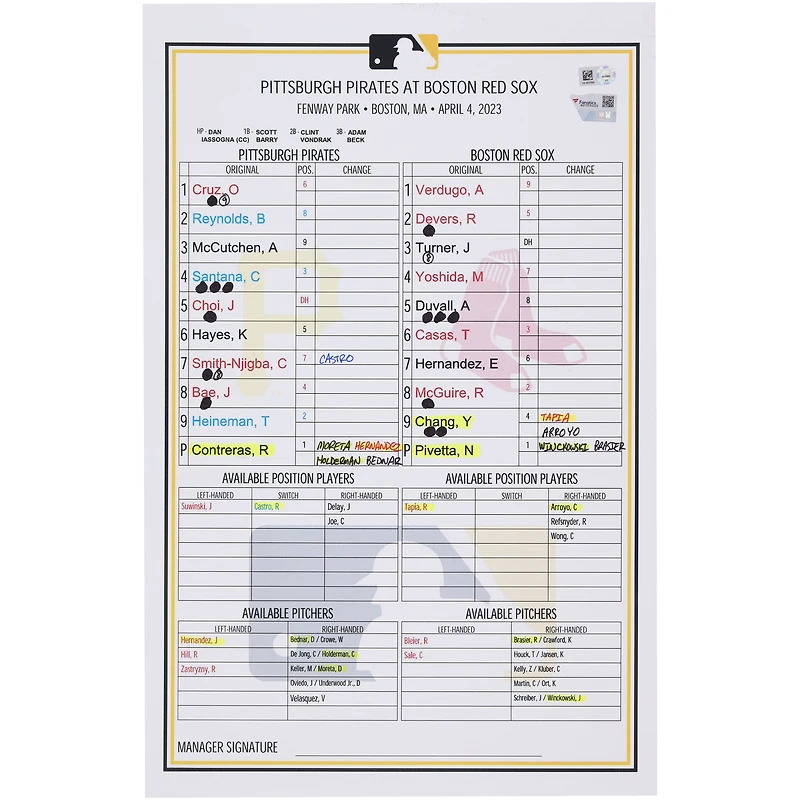 Carte de composition des équipes des Pirates de Pittsburgh lors du match contre les Red Sox de Boston le 4 avril 2023