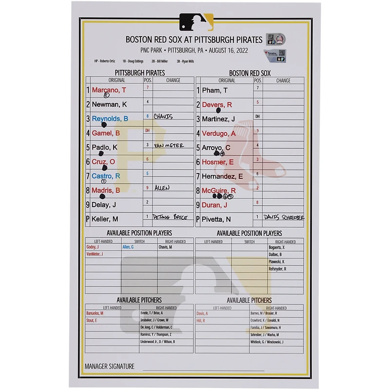 Carte de composition des équipes des Pirates de Pittsburgh contre les Red Sox de Boston le août 2022