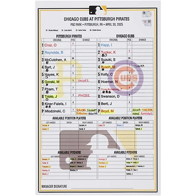 Carte de composition des équipes des Pirates de Pittsburgh contre les Cubs de Chicago