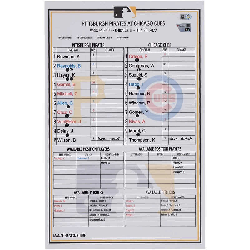 Carte de composition des équipes des Pirates de Pittsburgh contre les Cubs de Chicago le juillet 2022