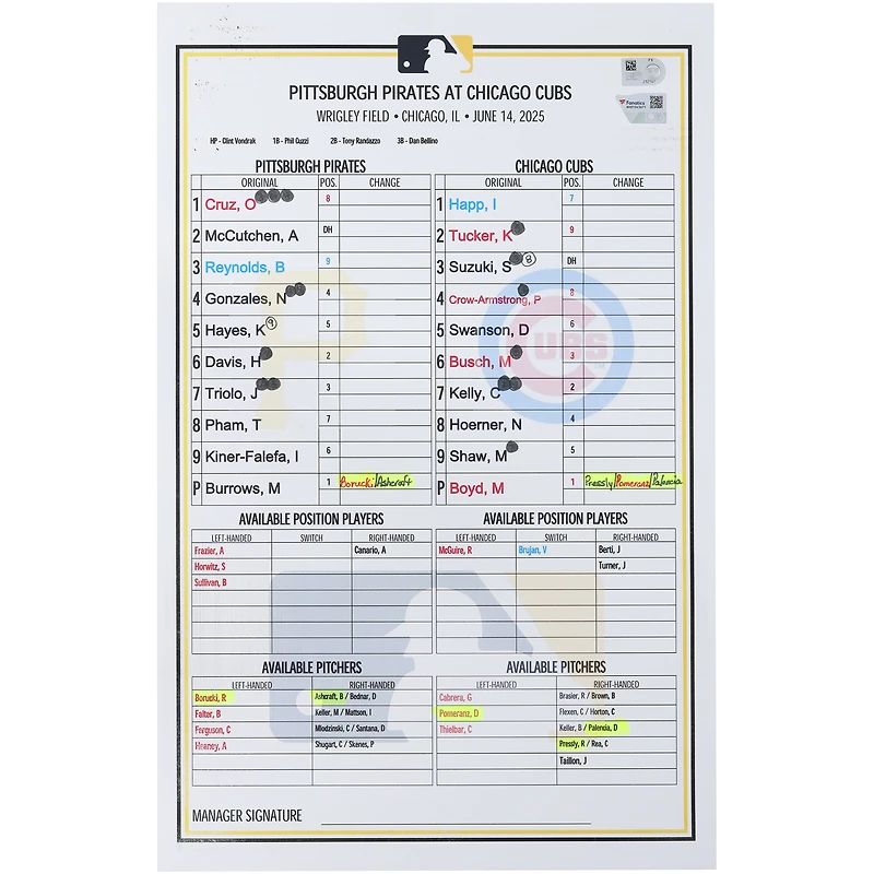 Carte de composition des équipes des Pirates de Pittsburgh lors du match contre les Cubs de Chicago