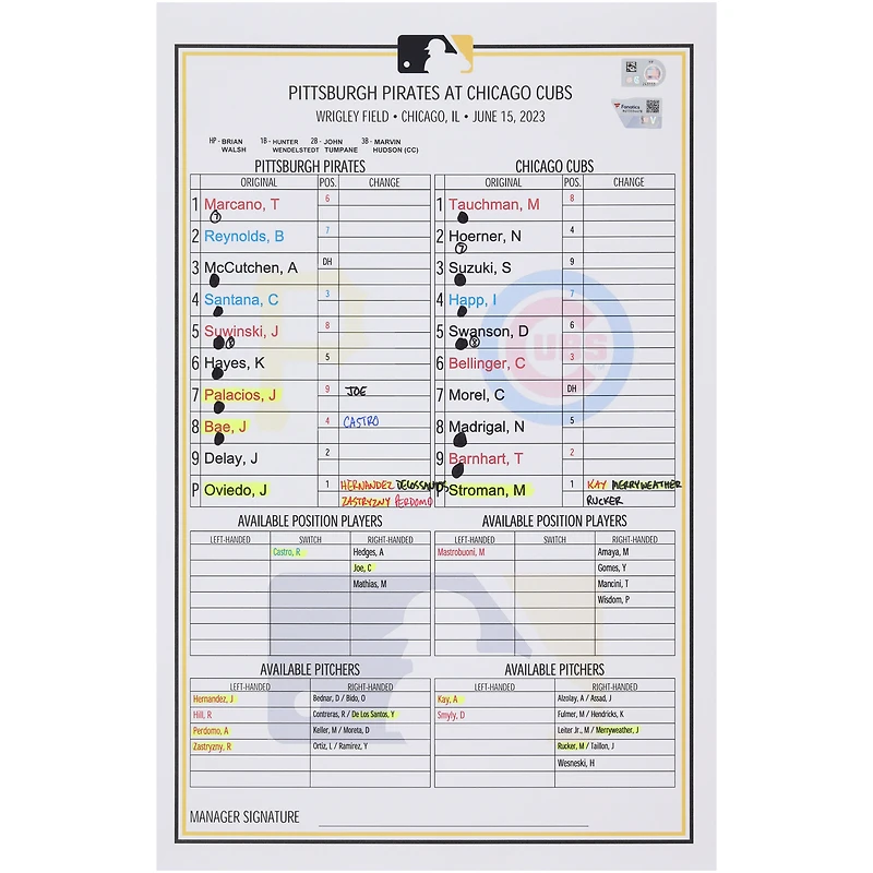 Carte de composition des équipes des Pirates de Pittsburgh contre les Cubs de Chicago le juin 2023