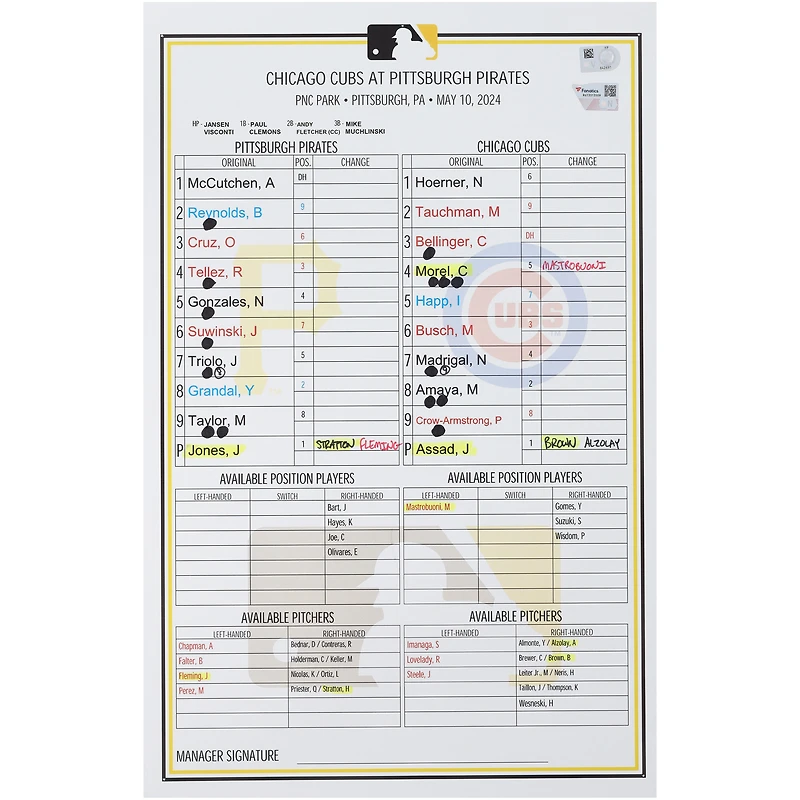 Pittsburgh Pirates Game-Used Lineup Card vs. Chicago Cubs on May 10, 2024