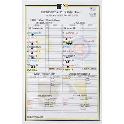 Pittsburgh Pirates Game-Used Lineup Card vs. Chicago Cubs on May 10, 2024