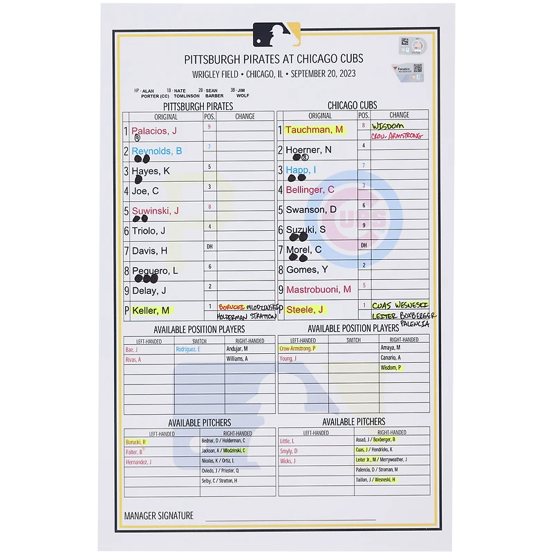 Carte de composition des équipes des Pirates de Pittsburgh contre les Cubs de Chicago le septembre 2023