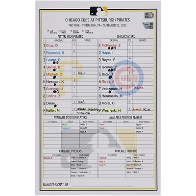 Carte de composition des équipes des Pirates de Pittsburgh contre les Cubs de Chicago le septembre 2022