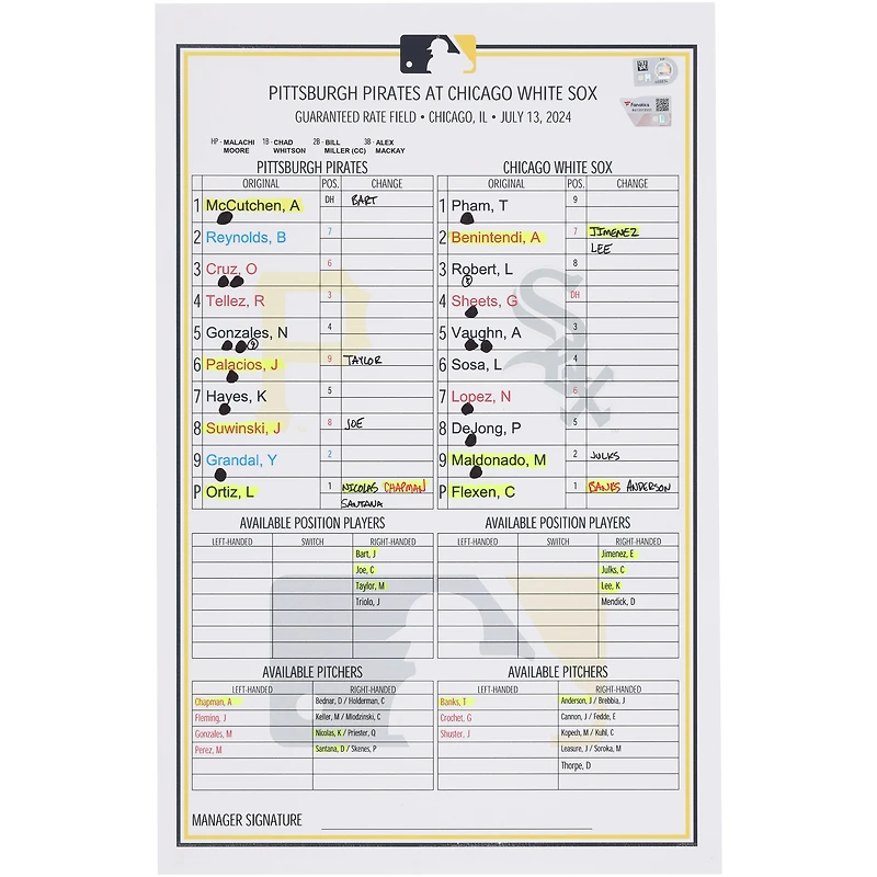 Pittsburgh Pirates Game-Used Lineup Card vs. Chicago White Sox on July 13, 2024