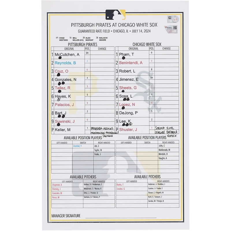 Pittsburgh Pirates Game-Used Lineup Card vs. Chicago White Sox on July 14, 2024