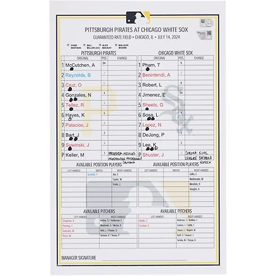 Pittsburgh Pirates Game-Used Lineup Card vs. Chicago White Sox on July 14, 2024