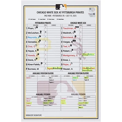 Carte de composition des équipes des Pirates de Pittsburgh contre les White Sox de Chicago, le 19 juillet 2025