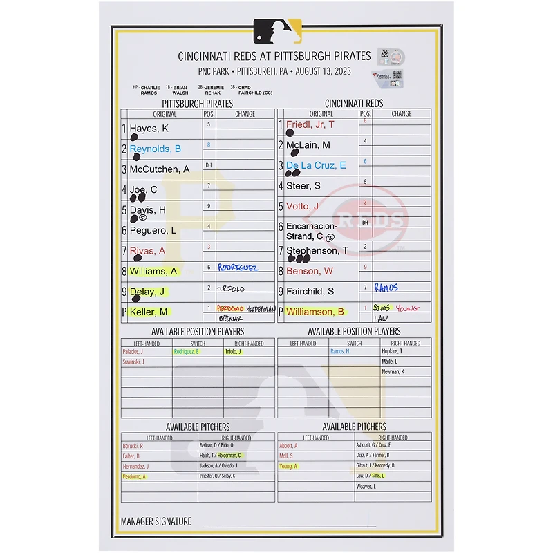 Carte de composition des équipes des Pirates de Pittsburgh contre les Reds de Cincinnati le 13 août 2023