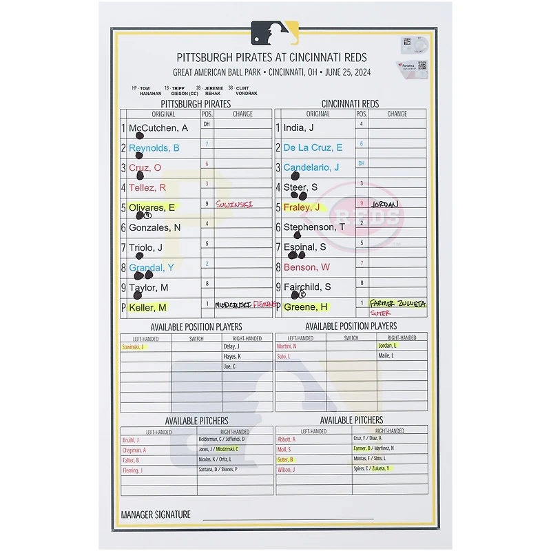 Pittsburgh Pirates Game-Used Lineup Card vs. Cincinnati Reds on June 25, 2024