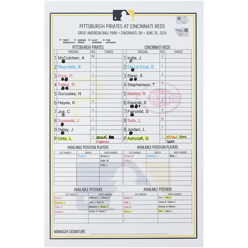 Pittsburgh Pirates Game-Used Lineup Card vs. Cincinnati Reds on June 26, 2024