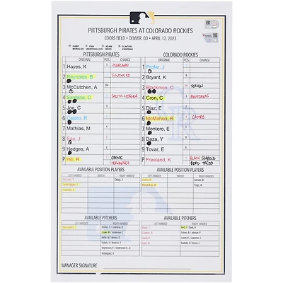 Carte de composition des équipes des Pirates de Pittsburgh lors du match contre les Rockies du Colorado le avril 2023