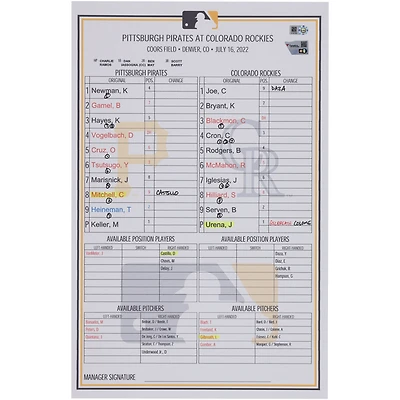 Carte de composition des équipes des Pirates de Pittsburgh lors du match contre les Rockies du Colorado le 16 juillet 2022
