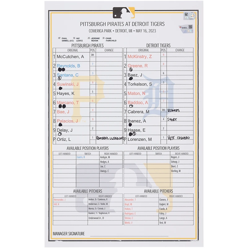 Carte de composition des équipes des Pirates de Pittsburgh contre les Tigers de Détroit le mai 2023