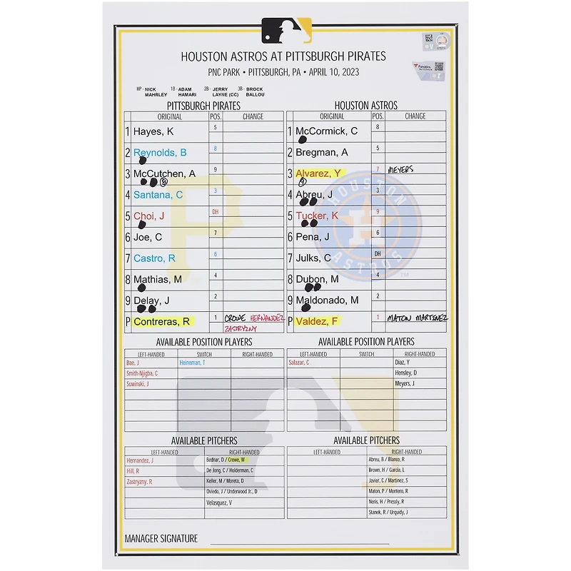 Carte de composition des équipes des Pirates de Pittsburgh contre les Astros de Houston le avril 2023