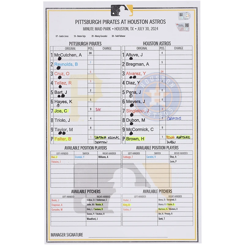 Pittsburgh Pirates Game-Used Lineup Card vs. Houston Astros on July 30, 2024