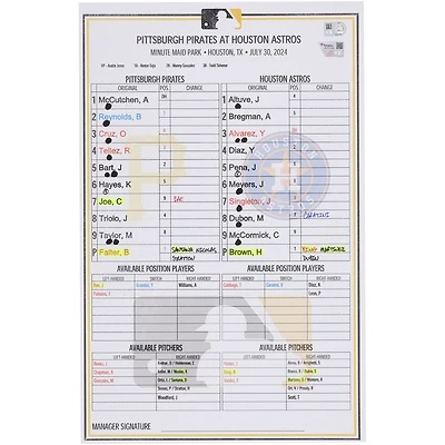 Pittsburgh Pirates Game-Used Lineup Card vs. Houston Astros on July 30, 2024
