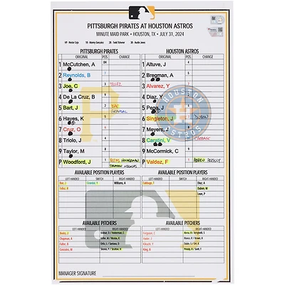 Pittsburgh Pirates Game-Used Lineup Card vs. Houston Astros on July 31, 2024