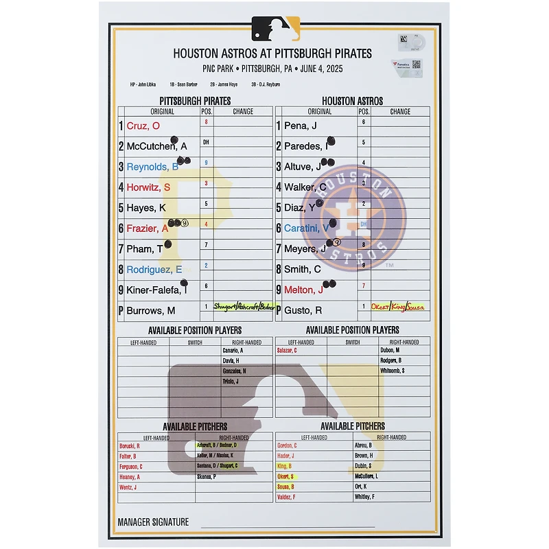 Carte de composition des Pirates de Pittsburgh lors du match contre les Astros de Houston, le 4 juin 2025