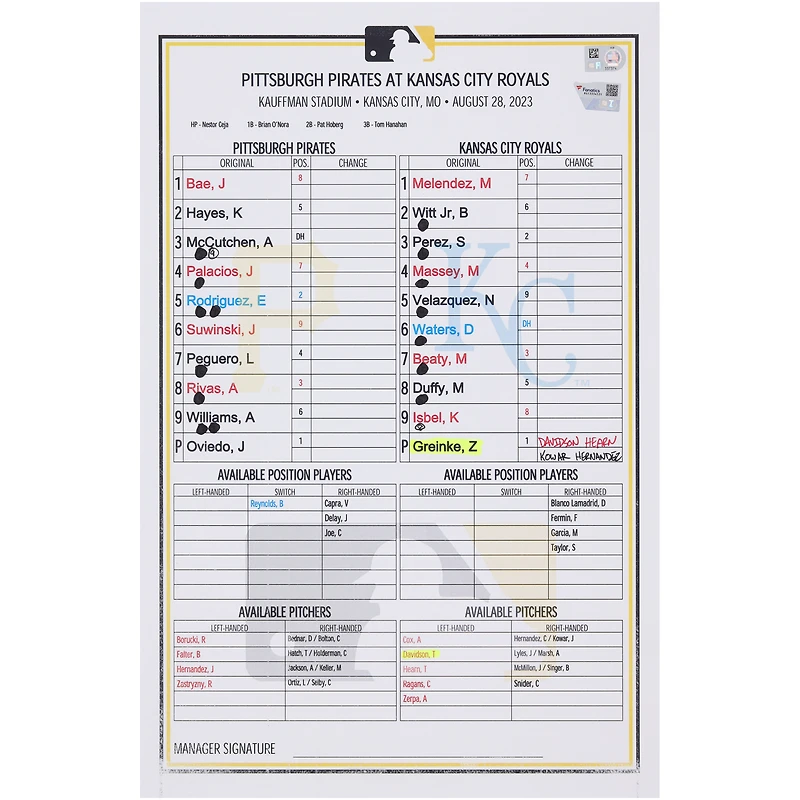 Carte de composition des équipes des Pirates de Pittsburgh contre les Royals de Kansas City le 28 août 2023