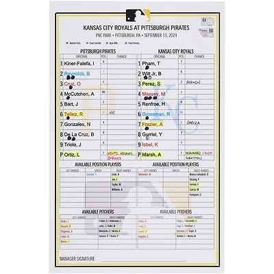 Pittsburgh Pirates Game-Used Lineup Card vs. Kansas City Royals on September 13, 2024