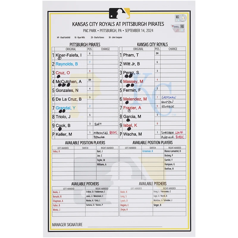 Pittsburgh Pirates Game-Used Lineup Card vs. Kansas City Royals on September 14, 2024
