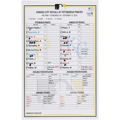 Pittsburgh Pirates Game-Used Lineup Card vs. Kansas City Royals on September 14, 2024