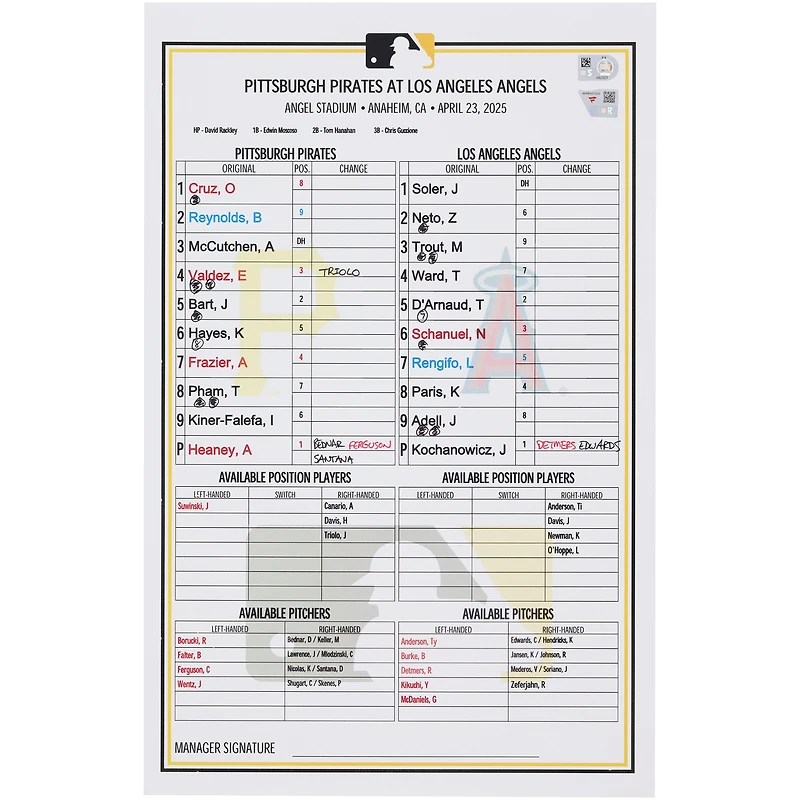 Carte de composition des équipes des Pirates de Pittsburgh contre les Angels de Los Angeles, le 23 avril 2025