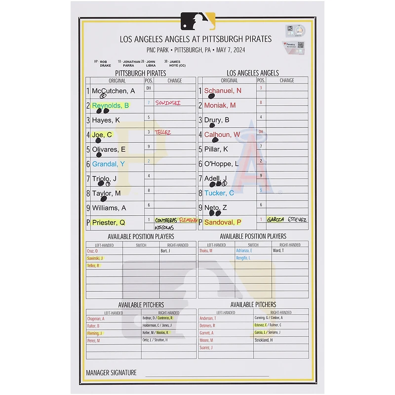 Pittsburgh Pirates Game-Used Lineup Card vs. Los Angeles Dodgers on May 7, 2024