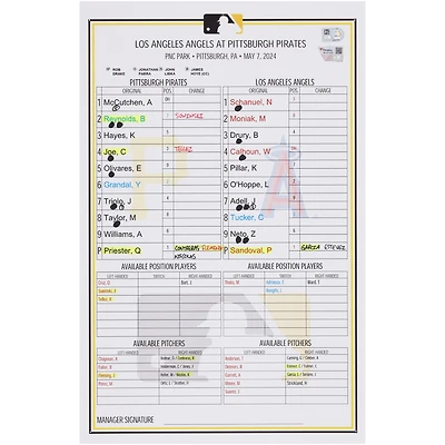 Pittsburgh Pirates Game-Used Lineup Card vs. Los Angeles Dodgers on May 7, 2024