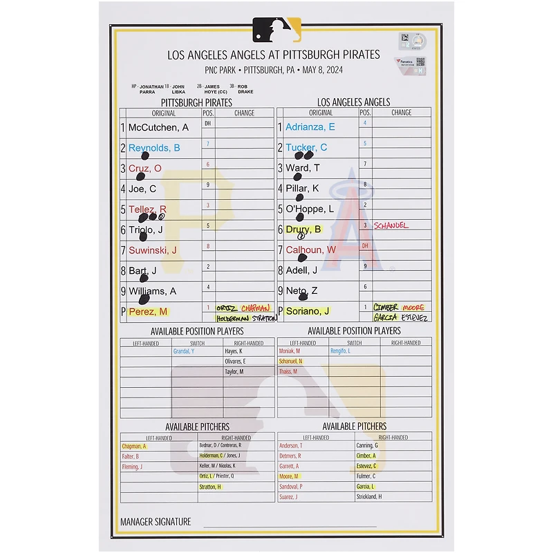 Pittsburgh Pirates Game-Used Lineup Card vs. Los Angeles Dodgers on May 8, 2024