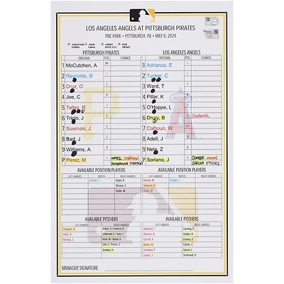 Pittsburgh Pirates Game-Used Lineup Card vs. Los Angeles Dodgers on May 8, 2024