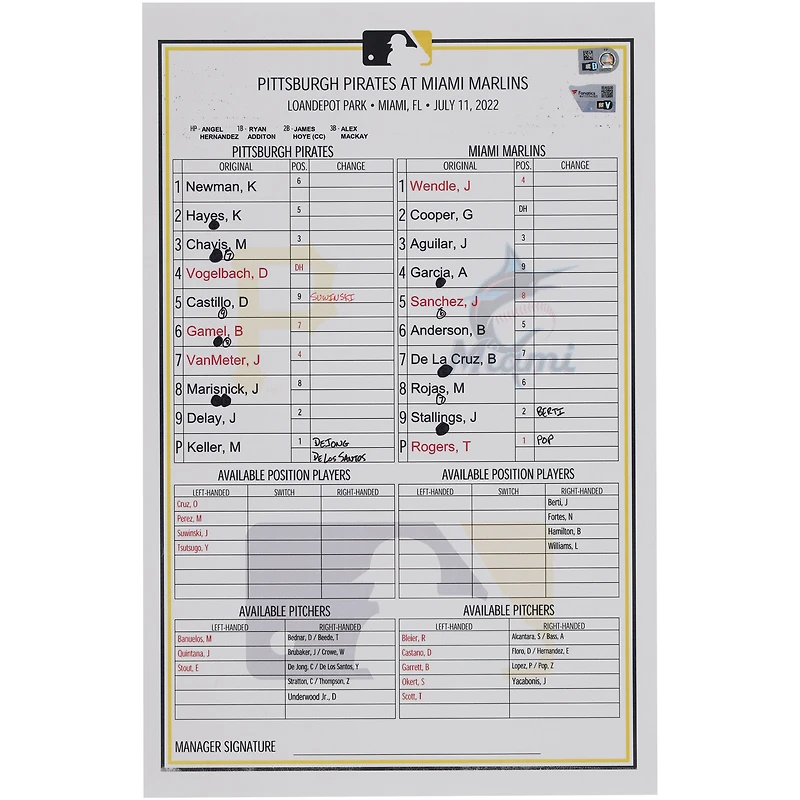 Carte de composition des équipes des Pirates de Pittsburgh contre les Marlins de Miami le juillet 2022