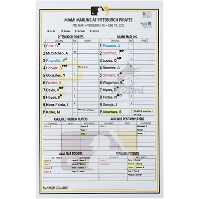 Carte de composition des équipes des Pirates de Pittsburgh contre les Marlins de Miami, le 10 juin 2025