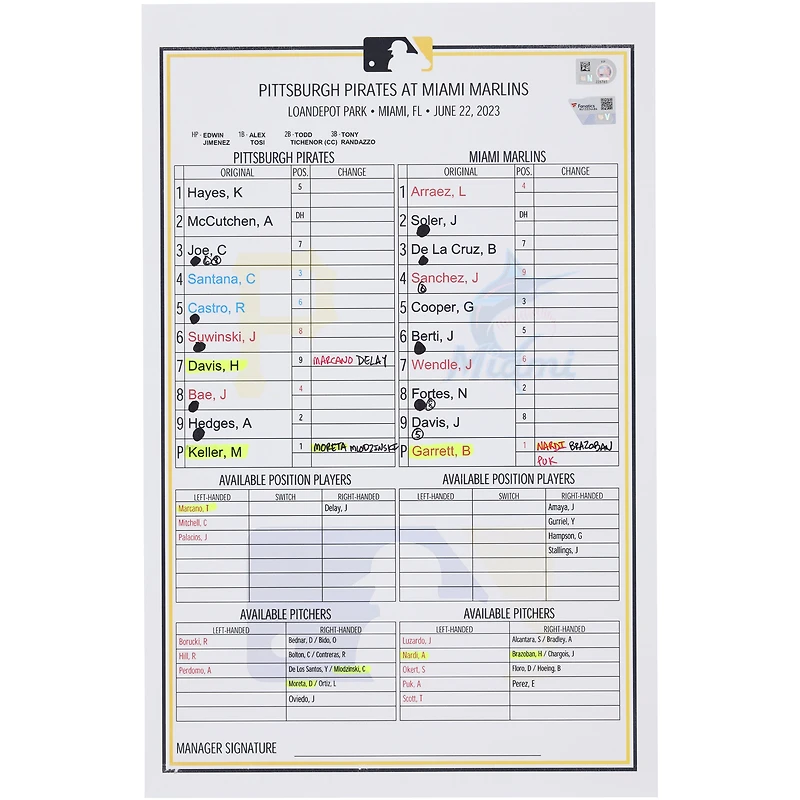 Carte de composition des équipes des Pirates de Pittsburgh contre les Marlins de Miami le juin 2023