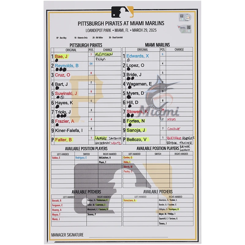 Carte de composition des équipes des Pirates de Pittsburgh contre les Marlins de Miami