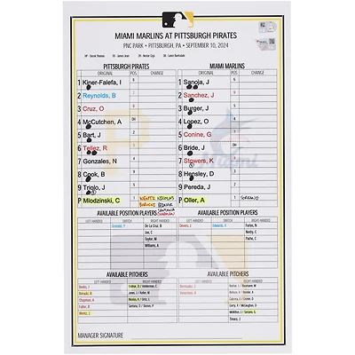 Pittsburgh Pirates Game-Used Lineup Card vs. Miami Marlins on September 10, 2024