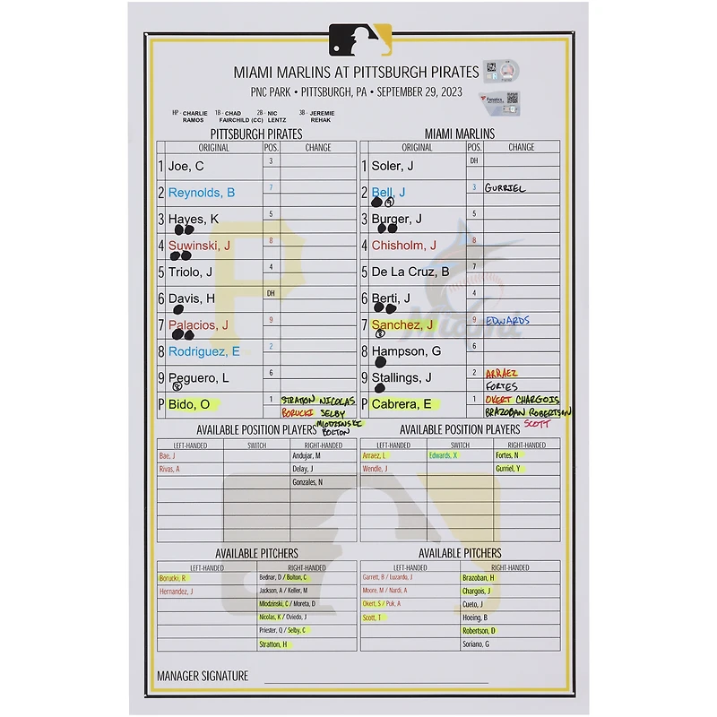 Carte de composition des équipes des Pirates de Pittsburgh contre les Marlins de Miami le septembre 2023