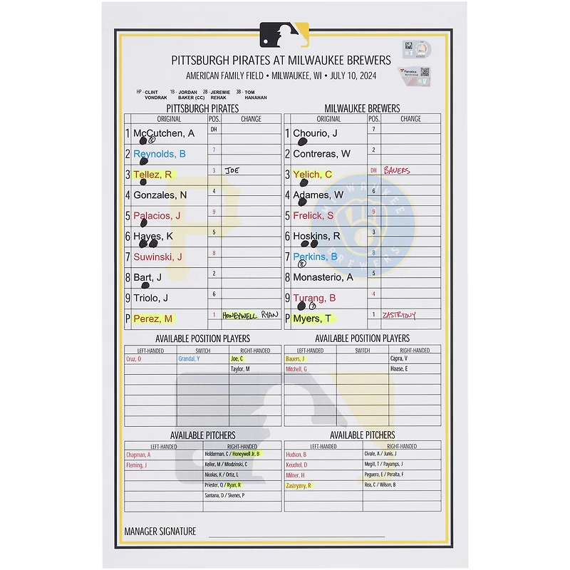 Pittsburgh Pirates Game-Used Lineup Card vs. Milwaukee Brewers on July 10, 2024