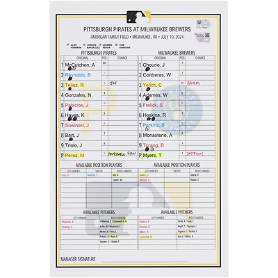 Pittsburgh Pirates Game-Used Lineup Card vs. Milwaukee Brewers on July 10, 2024