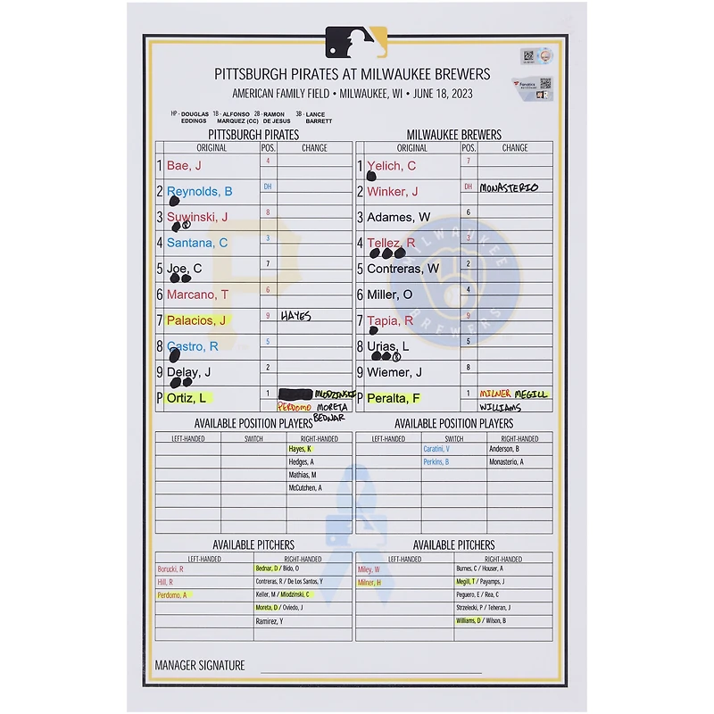 Carte de composition des équipes des Pirates de Pittsburgh contre les Brewers de Milwaukee le 18 juin 2023
