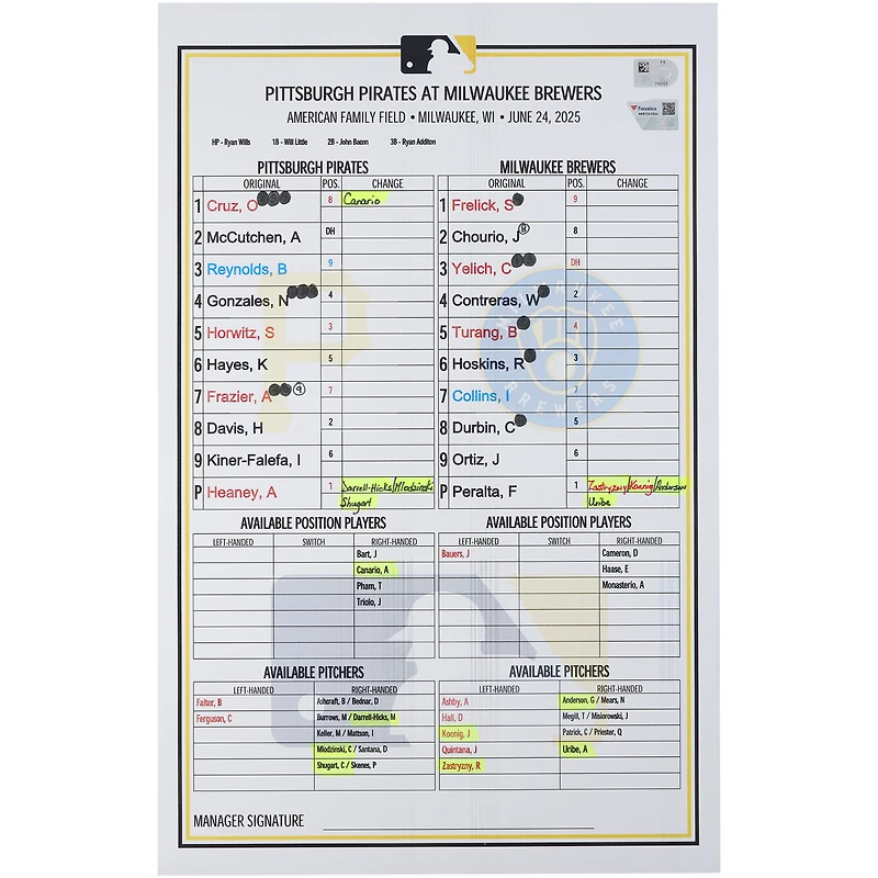 Carte de composition des équipes des Pirates de Pittsburgh contre les Brewers de Milwaukee, le 24 juin 2025