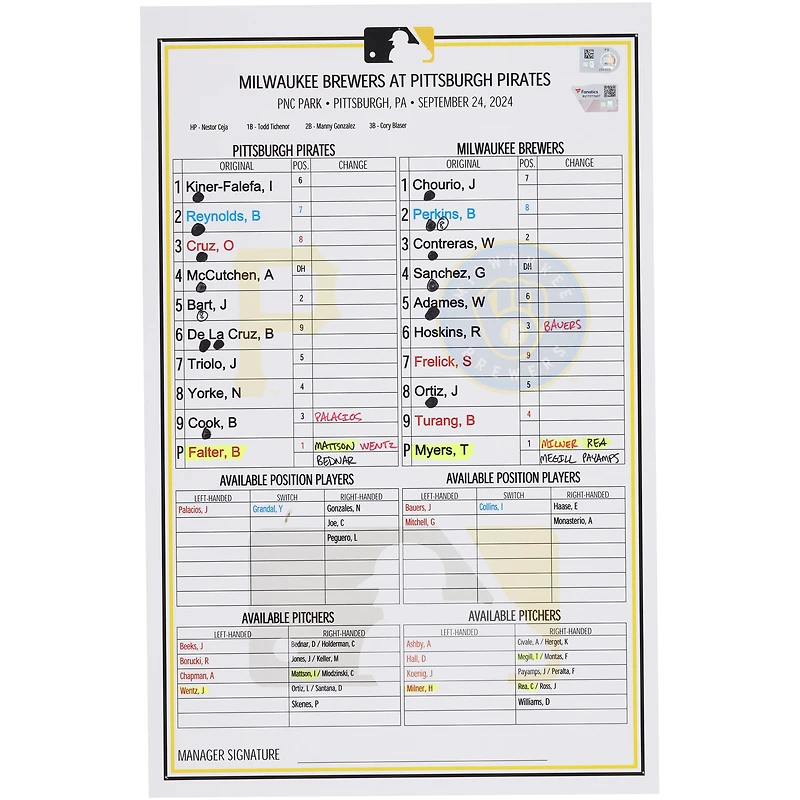 Pittsburgh Pirates Game-Used Lineup Card vs. Milwaukee Brewers on September 24, 2024