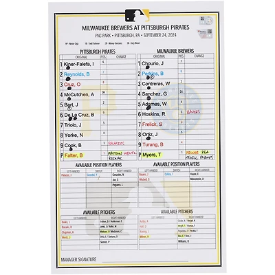 Pittsburgh Pirates Game-Used Lineup Card vs. Milwaukee Brewers on September 24, 2024