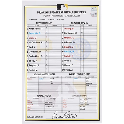 Pittsburgh Pirates Game-Used Lineup Card vs. Milwaukee Brewers on September 26, 2024